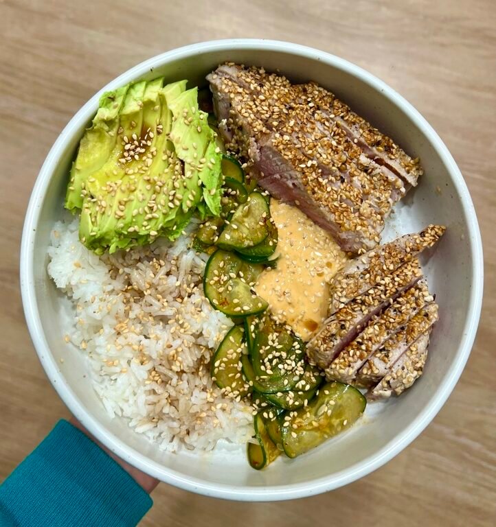 Spicy Ahi Steak with Cucumber-Jalapeño Salad and Chili Kewpie Sauce