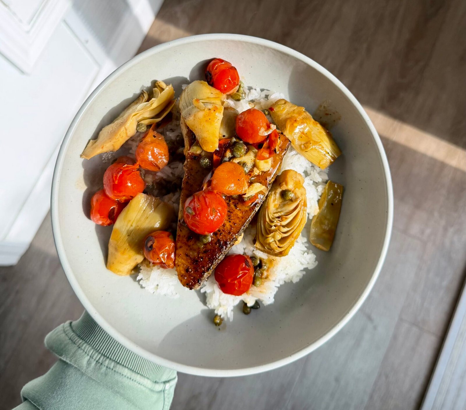 Pan-Seared Swordfish with Blistered Tomatoes, Artichokes, and Lemon-Caper Butter