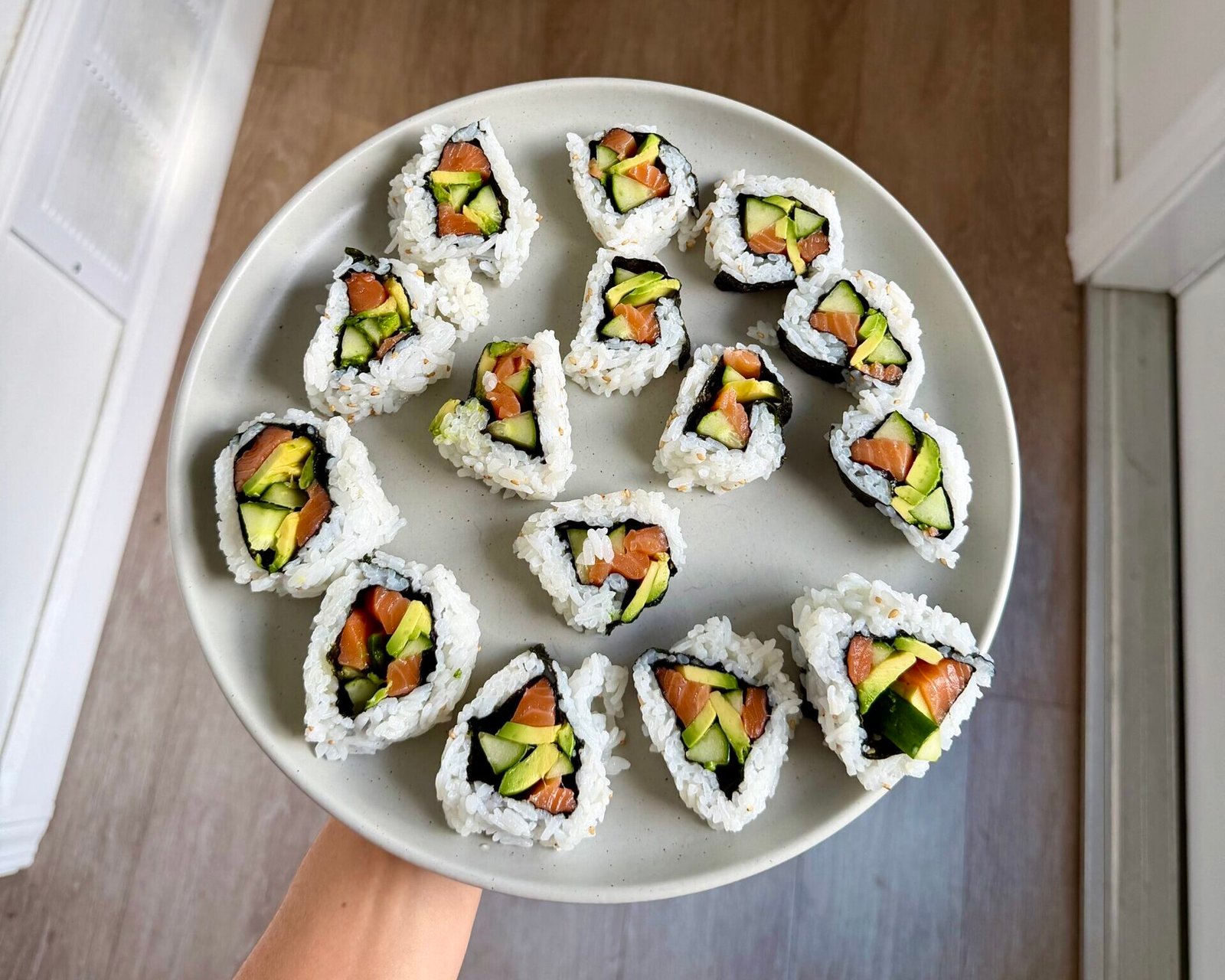 Salmon, Avocado, and Cucumber Sushi Rolls
