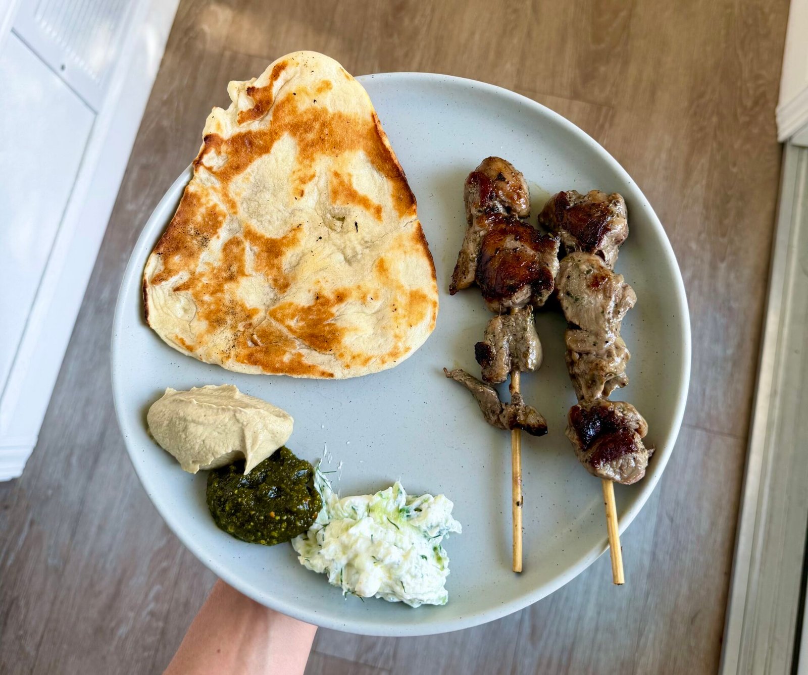 Lamb Kebabs and Naan with Mint-Pistachio Pesto, Baba Ghanoush, and Tzatziki